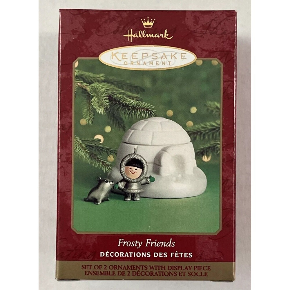 Hallmark 2000 Frosty Friends Fine Porcelain & Pewter, 2 Ornaments W/Display‎ NEW